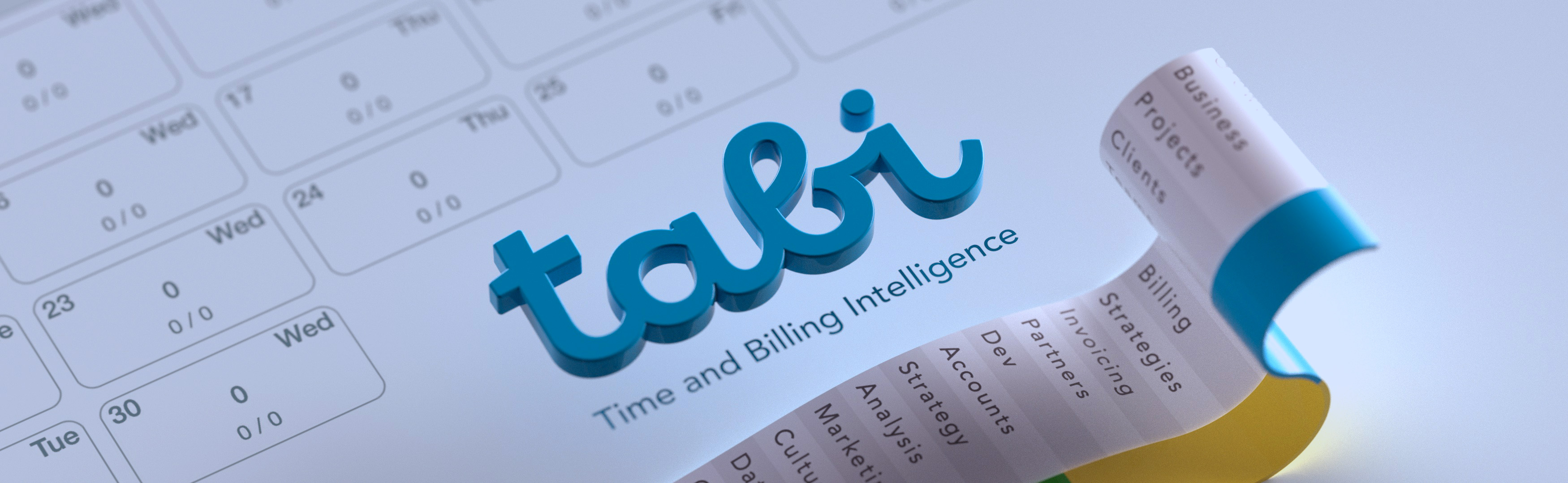 Decorative banner displaying the tabi logo with the subheader 'Time and billing intelligence'